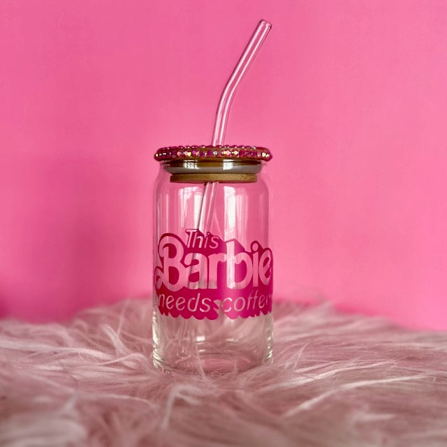 Come on Barbie 16oz Glass Cup with lid & straw, Iced Coffee Cup, Beer Can